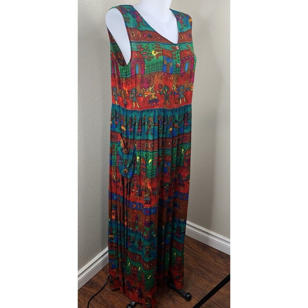 Bila Sz M Multicolor Rayon Maxi Dress Boho Art Print Sleeveless Tiered Pockets